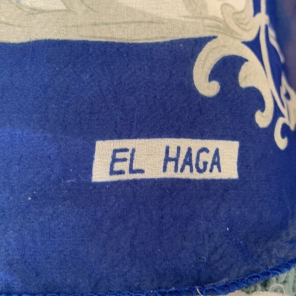 Vintage El Haga Spain Art Scarf Sheer Royal Blue Scroll floral GORGEOUS 38" Sq - Picture 4 of 9